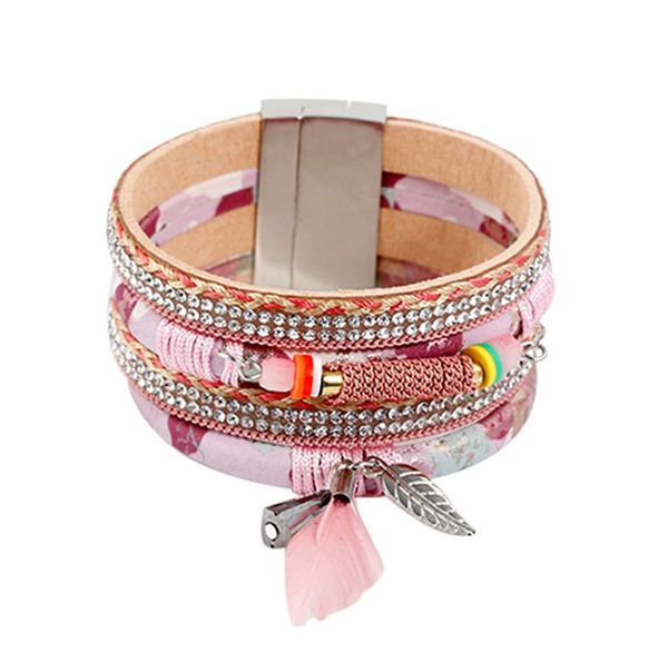 

crystal wrap bracelets female rhinestone multilayer chain pu leather women bracelet boho magnetic buckle wristband with tassels, Black