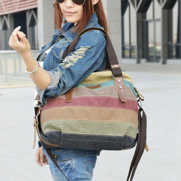 

kvky brand fashion canvas bag brand women handbag classic patchwork casual female shoulder bags striped rainbow purse pouch