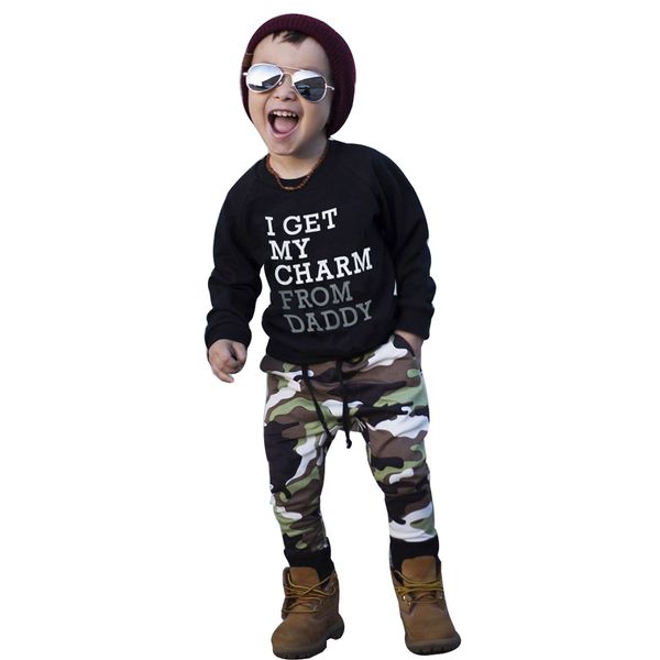 

toddler kids baby boy clothes fashion letter print t shirt +camouflage pants outfits clothes set conjunto inverno menina, White