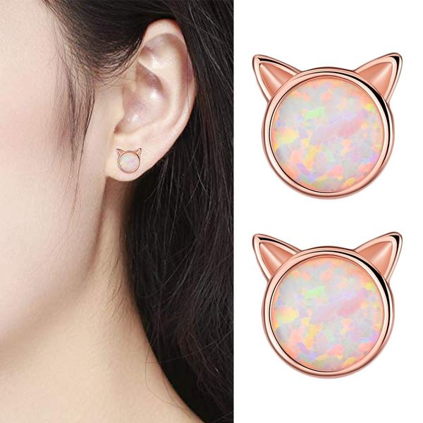 

2019 new fashion cute women silver plated faux opal inlaid cats ear stud earrings jewelry sweet special christmas gift, Golden;silver