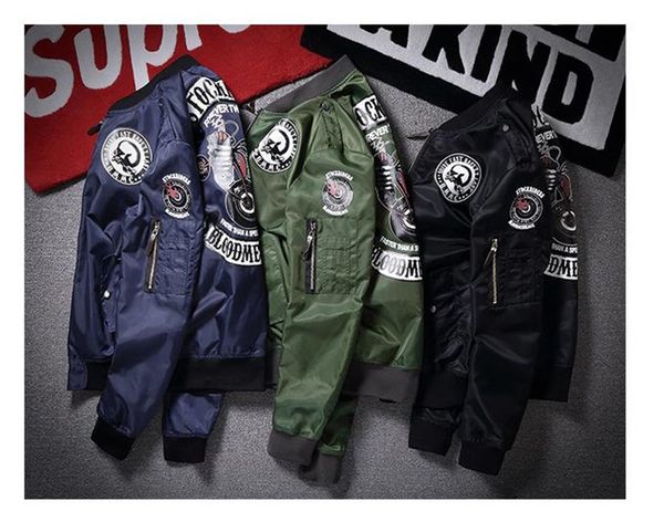 

mens fashion flight jackets autumn street style skulls patch embroidery long sleeved stand collar coats fashion bomber jacket men, Black;brown