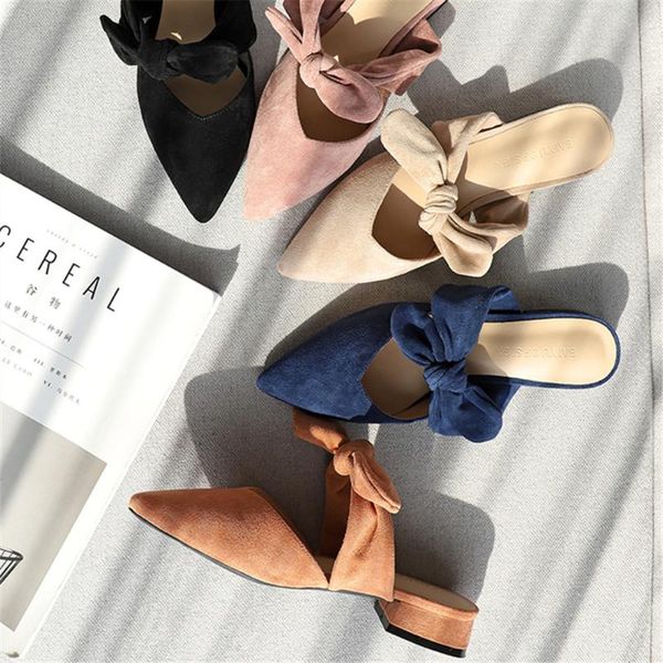 

2020 spring women's shoes slippers slides shoes woman sweet butterfly-knot pointed toe outdoor casual slippers lazy flats, Black