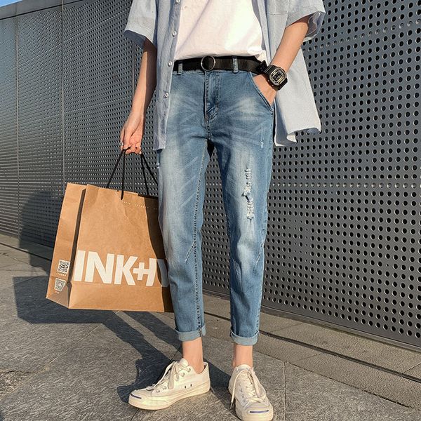 

2020 summer new youth popular men's korean version of solid color slim large size jeans fashion casual feet pants sky blue