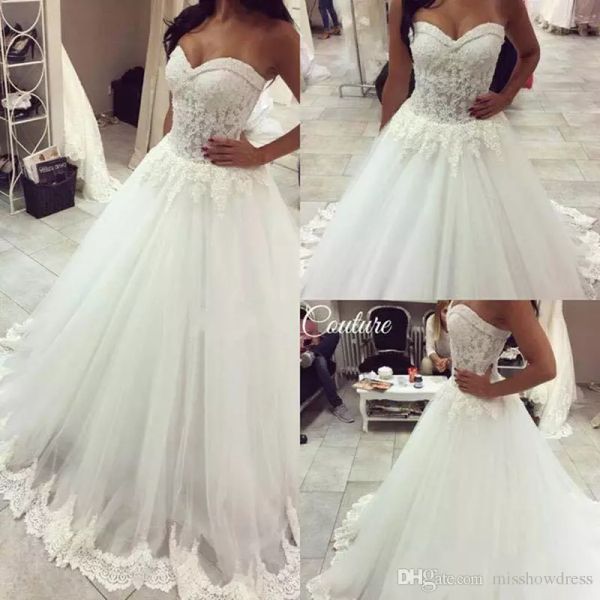 

2018 elegant white sweetheart strapless a-line wedding dresses beads lace appliques bridal gowns princess plus size vestidos de noiva