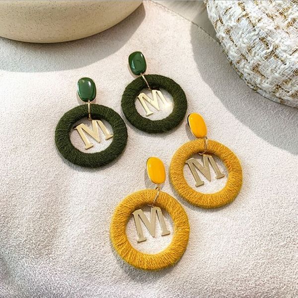 

fashion 925 silver needle autumn/winter earrings cloth art circle letter m long pendant korean edition simple fashion earrings