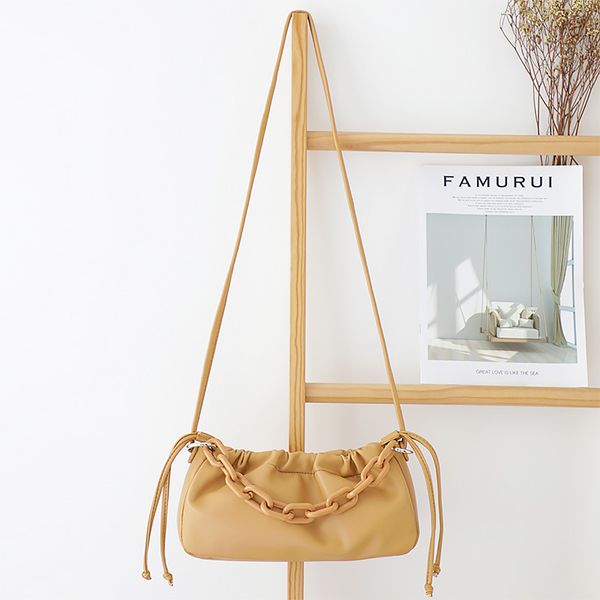 

female tide artificial leather pleated handbag with chain women casual vintage baguette shape small cellphone messenger bag
