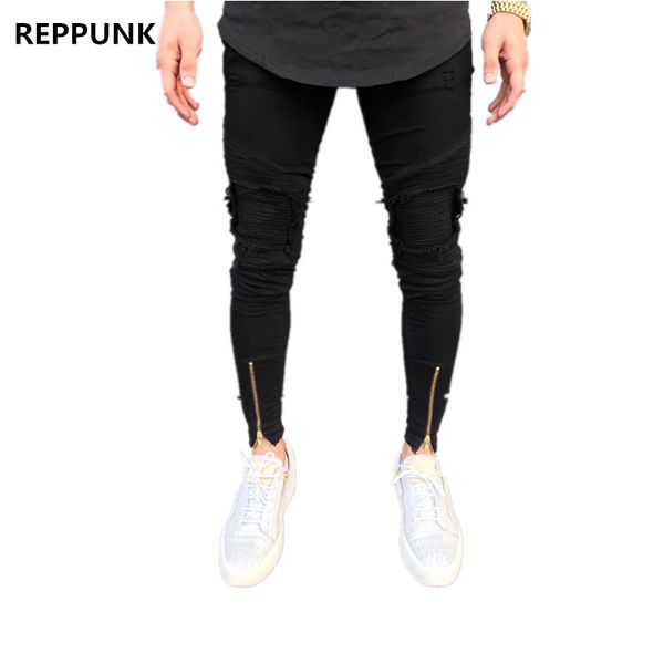 

men's jeans reppunk biker mens joggers pants stretch ripped black denim destroyed bottom zipper trousers male streetwear hip hop, Blue