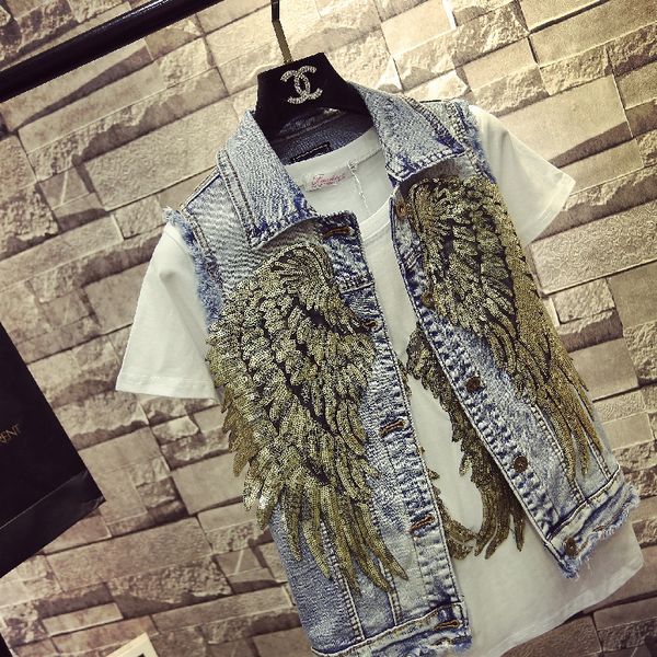 

europe style spring 2018 women's short jackets coat ladies glitter wings denim vests girl student slim jackets streetwear outfit, Black;white