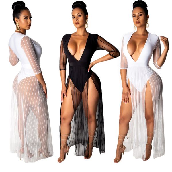 

летнее пляжное макси-платье с высоким разрезом с длинными рукавами и прозрачной сеткой клубное вечернее платье элегантное платье с v-образны, White;black