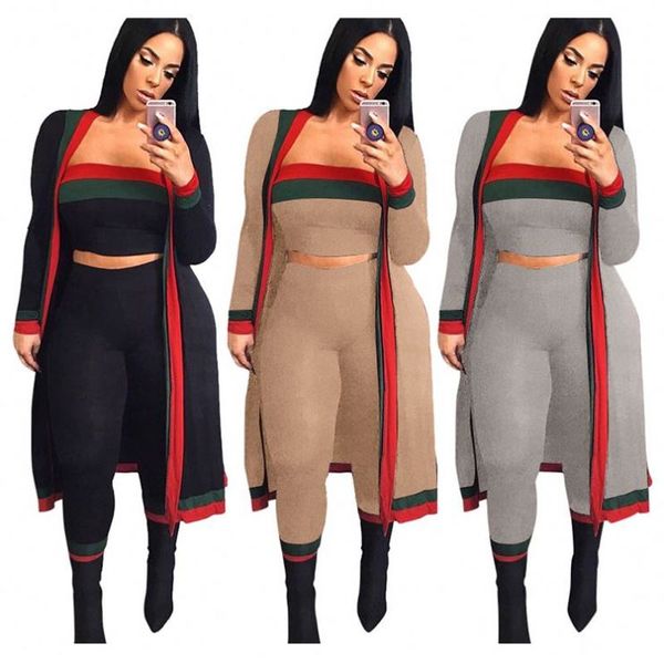 

3 piece set women roupas feminina 2020 striped patchwork wrap chest long coat fashion tight womens clothing sets 3 pieces, White