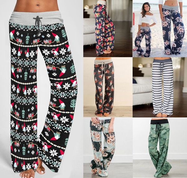 

women's comfy casual pajama pants floral print drawstring palazzo lounge pants wide leg strap loose tie camouflage printed pants, Black;white