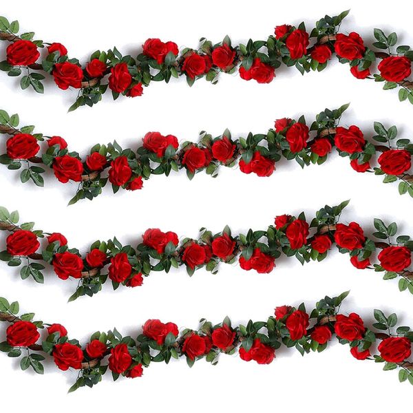 

phfu-4pcs artificial rose vines ,fake silk flowers rose garlands hanging ivy plants for wedding home office arch arrangemen