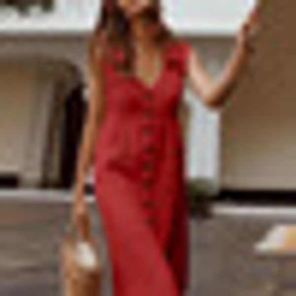 

women's dress business casual holiday solid v-neck sleeveless button pocket long beach dress, Black;gray