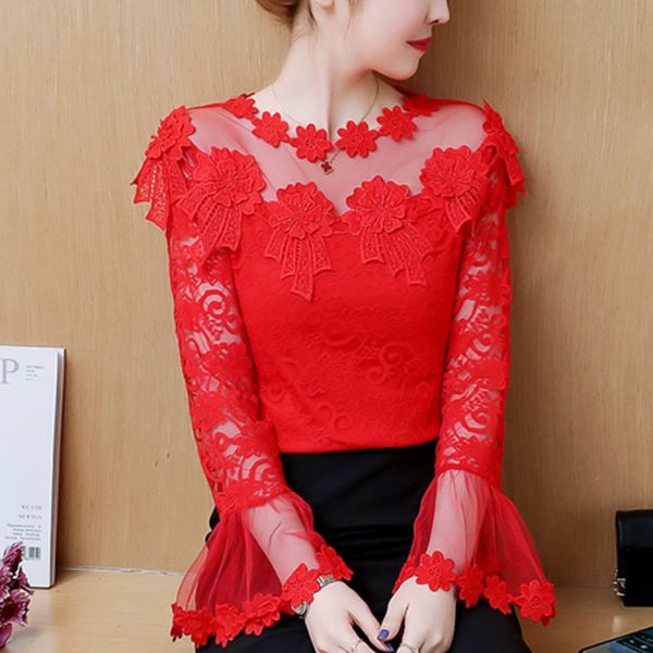 

women's long-sleeved openwork lace versatile shirt, White