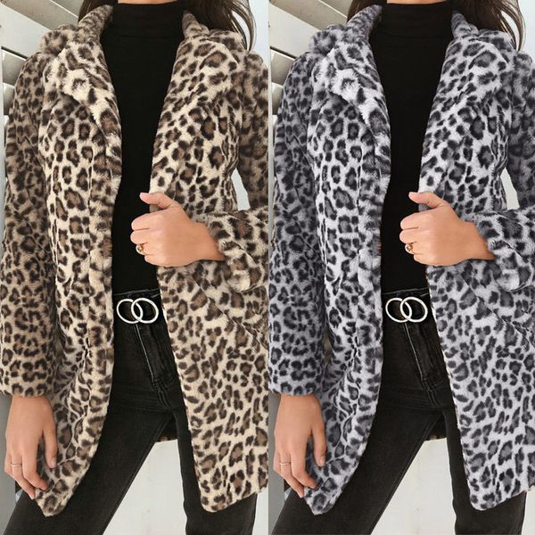 

2019 winter coat women jacket faux fur outwear warm fleece coat animal print streetwear women cardigan leopard outwears, Black;brown