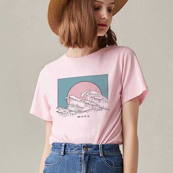

футболка женщины женская дизайнерская топы kawaii harajuku эстетическая great wave 2019 розовый casual с коротким рукавом vintage streetwear, White