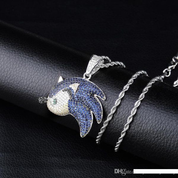 

white 18k gold plated full cz blue fairy fish pendant necklace for men women hip hop jewelry gift for friend, Silver