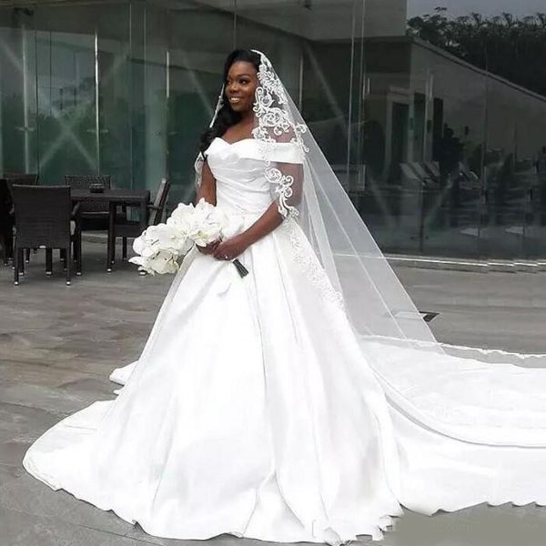 

african plus size wedding dresses satin off the shoulder country bridal gowns sweep train custom made vintage wedding dress, White