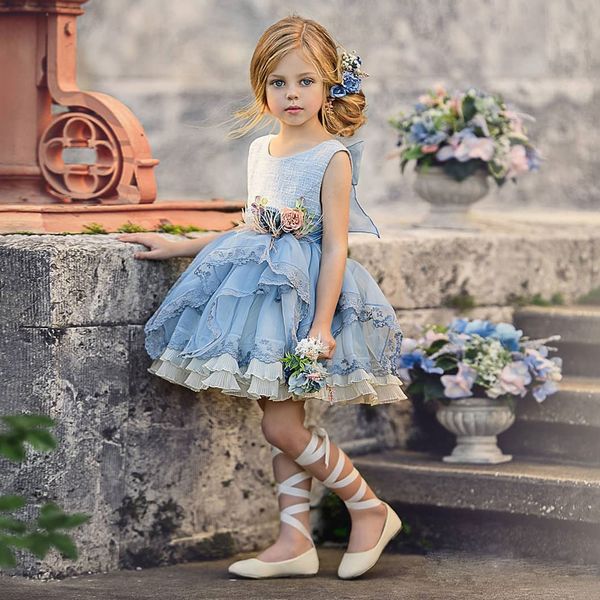 

sweet lolita ball gown appliqued flower girl dresses for wedding jewel neck backless tiered pageant gowns tulle first communion dress, White;blue