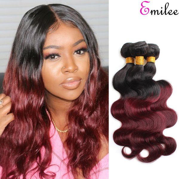 

emilee malaysian 1b-99j body wave 3 bundles with closure red wine remy hair body wave ombre hair bundles with 4*4 lace closure, Black