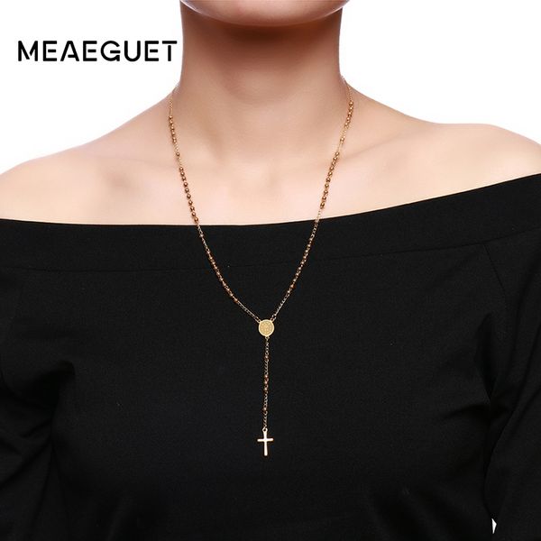 

meaeguet нержавеющая сталь цепи крест кулон ожерелье четки ссылка бисера цепи иисус христос кулон для женщин ювелирные изделия, Silver