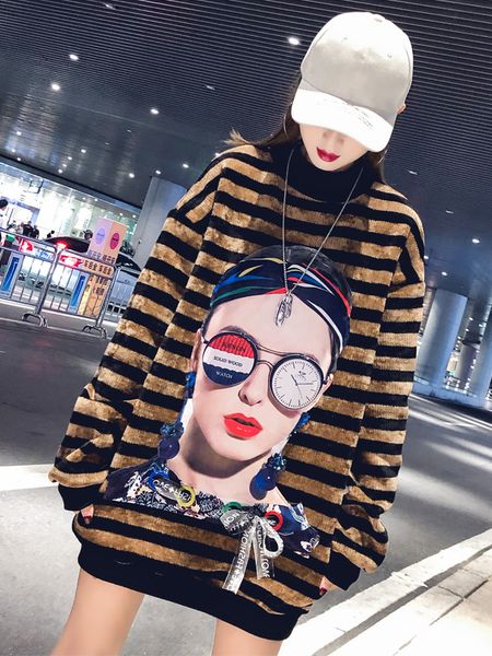 

hooded sweatshirt women autumn casual chenille velvet coat strip full sleeve long autumn winter pullovers female sweatshirts, Black