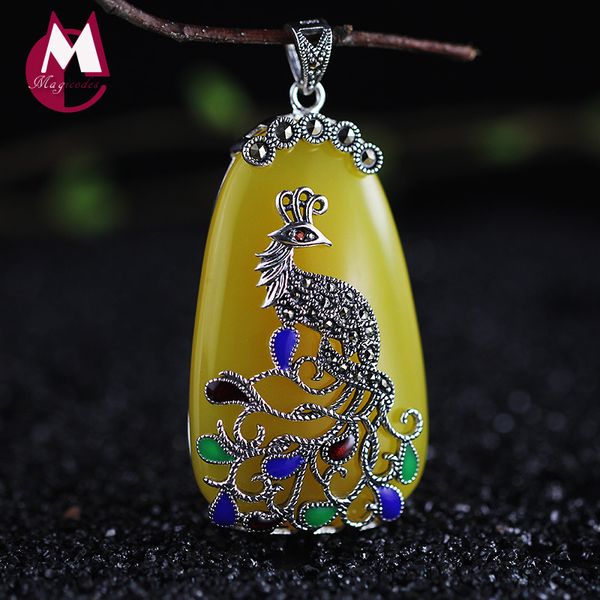 

jade 100% 925 sterling silver pendant ethnic jewelry bohemian colorful women beads stone peacock pendant necklace sp14, Golden;white