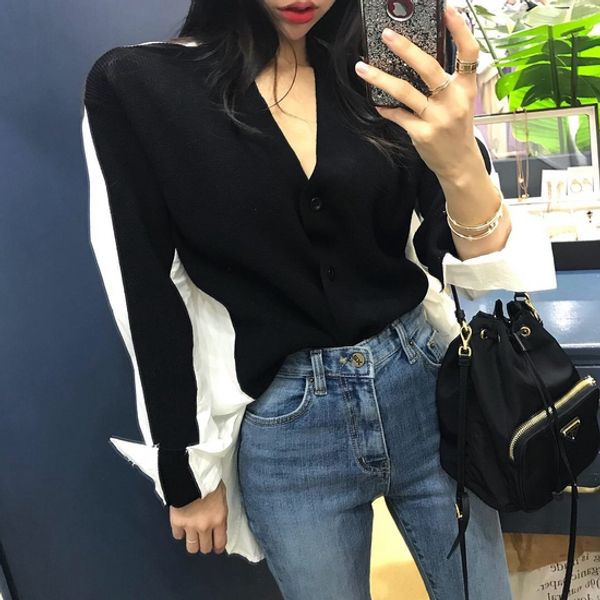 

superaen 2019 spring new stitching fake two-piece women shirt wild casual fashion v-neck cardigan blouses and female, White