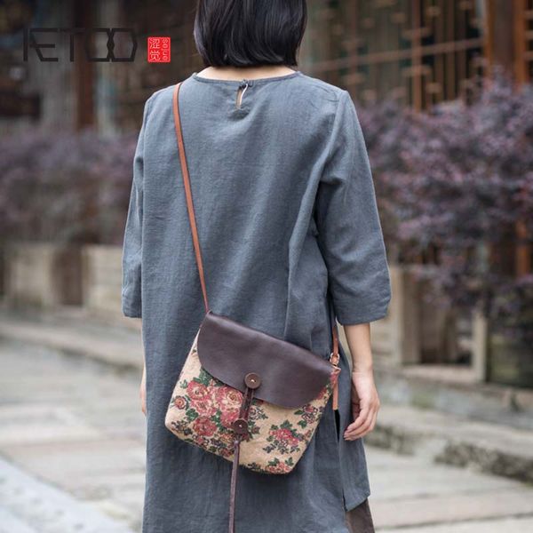 

aetoo vintage flap women retro art single shoulder bag women vintage simple portable small cotton linen handbag panelled bag