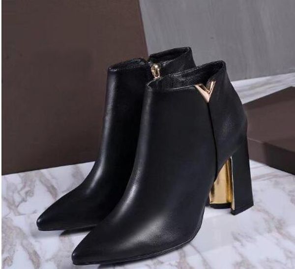 

Fa hion new women ladie winter ankle genuine leather boot 9 5cm high heel pointed toe lip on black hoe
