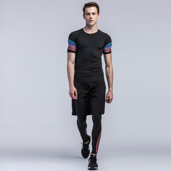 

d31 tights men short - sleeved sports fitness clothes three - piece fast drying fitness clothes / pants training running suit, White;black