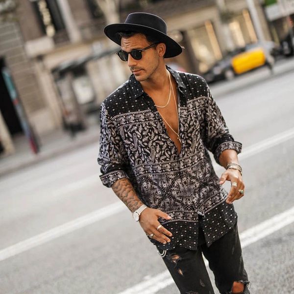 

men shirt streetwear shirt hawaiian autumn fashion casual long sleeve beach loose casual blouse d4, White;black