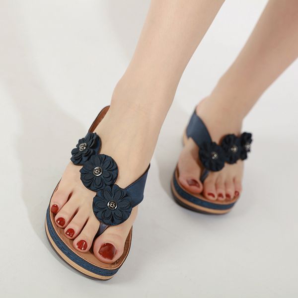 

woman slippers wedges women ladies floral flip flops slides female fashion sewing shoes women's solid beach footwear plus size, Black