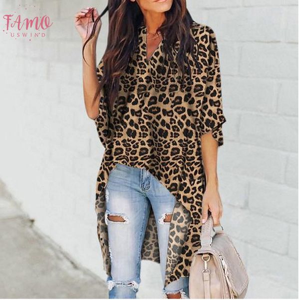 

womens clothing 2020 women ladies v neck casual blouse flare sleeve irregular leopard print shirt hot, White