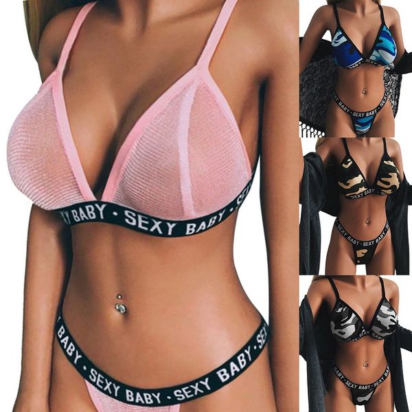 

woman letter printed lingerie set underwear suit perspective print thin strap underwear bra lingerie bralette fashion, White;black