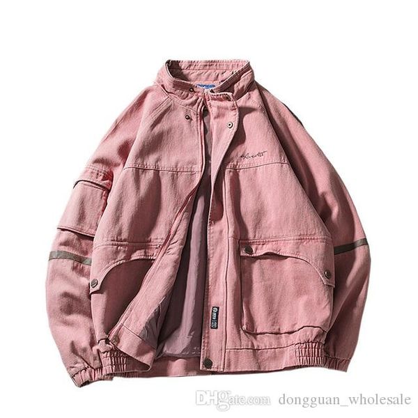 

spring men's washed retro jacket japanese casual loose multi pocket pink denim stand collar jackets coats, White;black