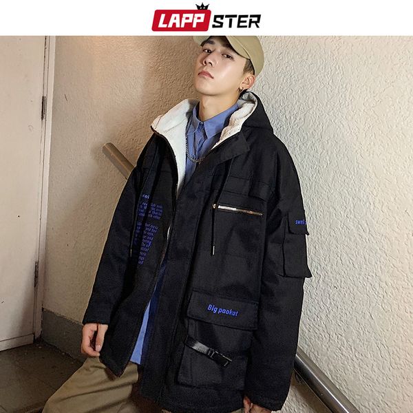 

шерсть зимние куртки пальто мужчины 2019 с капюшоном толстый теплый parka японский streetwear корейский моды streetwear зимняя куртка, Black