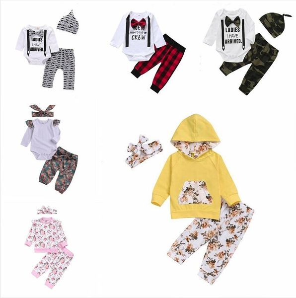 Kids meninos conjuntos de roupas cavalheiro camo macacão calças chapéus ternos bebezas meninas flores florais jumpsuits calças headbits d7486