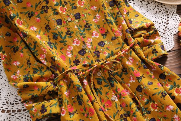 

japanese-style mori girl style 2019 spring and autumn hipster corduroy floral flower printed base long-sleeved dress, White;black
