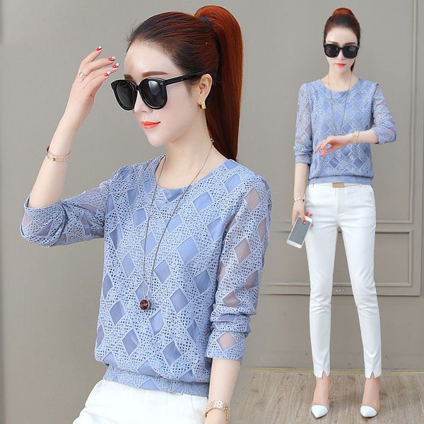 

2019 new spring fashion white blusas women long sleeve chiffon lace crochet blouses women clothing feminine blouse