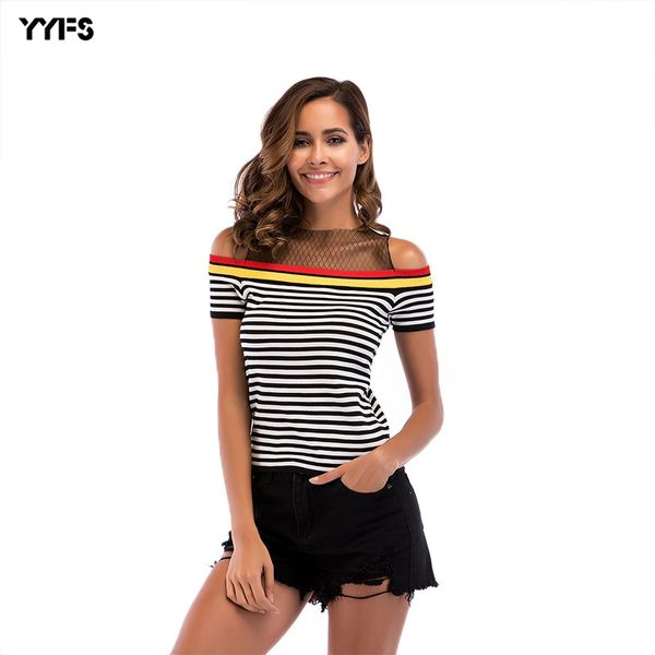 

be issued to 2019 women's wear short sleeve t shirt female gauze splicing one word collar knitting jacket, Black;red