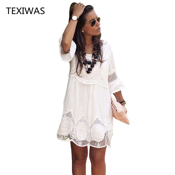 

TEXIWAS Plus Size S - 6XL Women Summer Dress Fashion Half Sleeve Loose Lace Dress 2018 White O-neck Women Dress