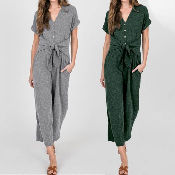 

office playsuits 2020 summer jumpsuits celmia womens casual loose short sleeve sashes solid rompers pockets v-neck overalls 7, Black;white