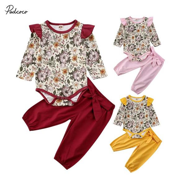 

2019 brand 0-24m newborn baby girls clothes xmas little flower bow romper + pants clothes outfits autumn cotton clothing, White