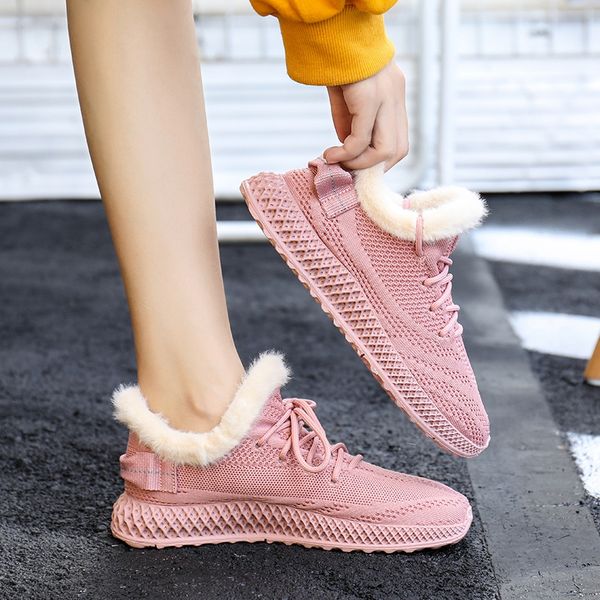 

shoes women winter warm shoes female cotton flying weaving plus velvet casual outdoor comfortable sneakers, Black