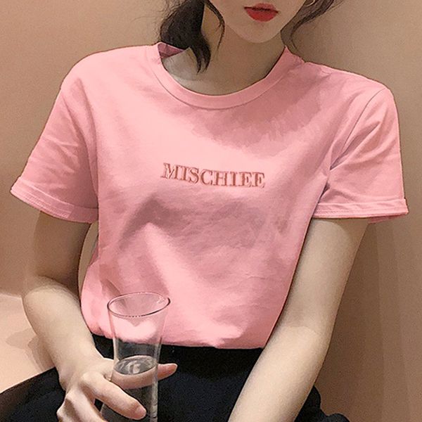 

letter embroidered short-sleeved t-shirt female south korea women's slim women's crew neck students clothes ladies, White