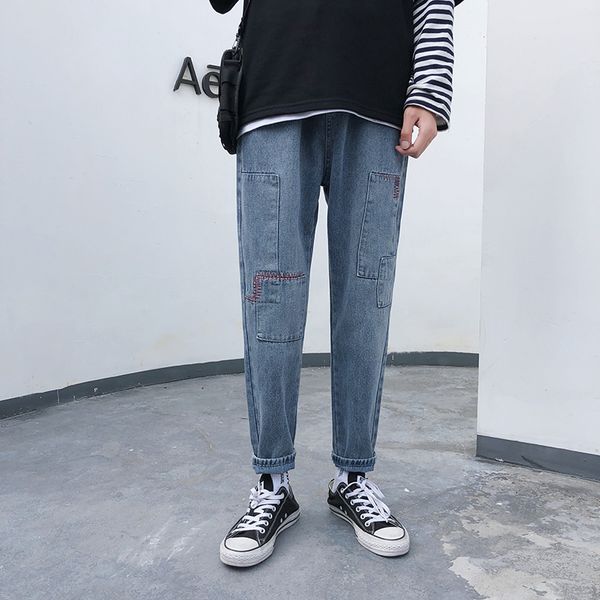 

autumn jeans men's slim fashion washed retro hole patch jeans pants man streetwear wild hip hop denim trousers male -2xl, Blue