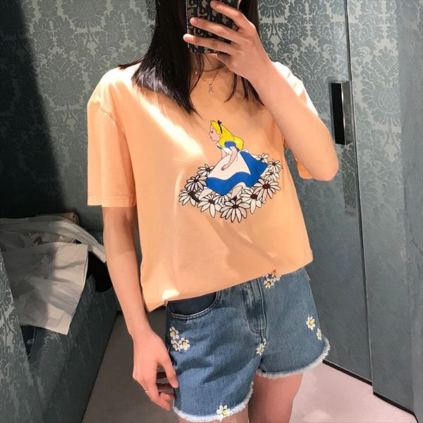 

round collar loose casual embroidered jacket cotton t-shirt 2020 alice wonderland printed daisy embroidery cotton t-shirt female, White