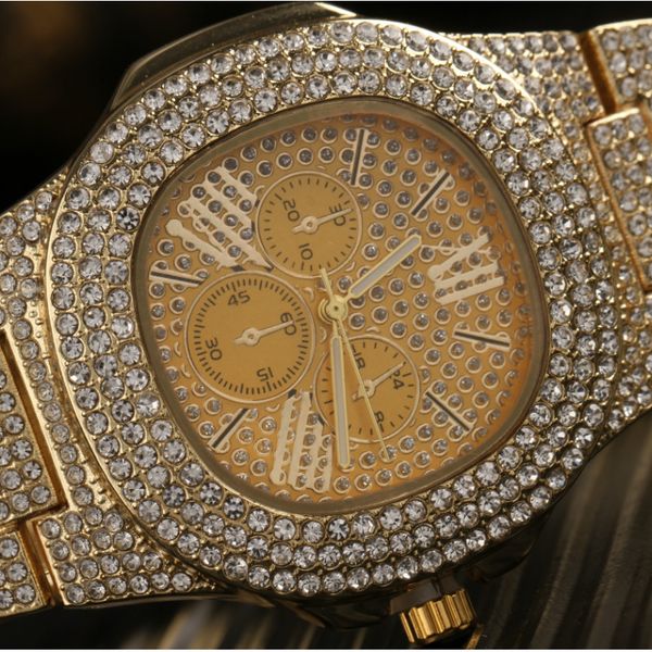 

big diamond gold watch men stainless steel rock men's wristwatch president male clock for relogio masculino, Slivery;brown