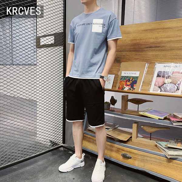 

sports suit men's new summer short sleeve shorts two piece set of korean trend handsome loose round collar two piece suit, Gray